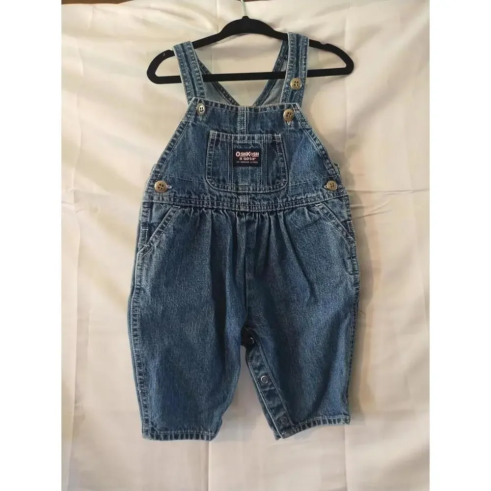 Vtg OSHKOSH B'GOSH 18M Baby OVERALL Bib Denim VestBak Blue Denim Pink‎ Logo Snap
